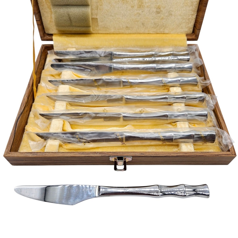VTG Eldan Bamboo Handle Design Stainless Steel Japan 8 Pc Knife Set w box READ
